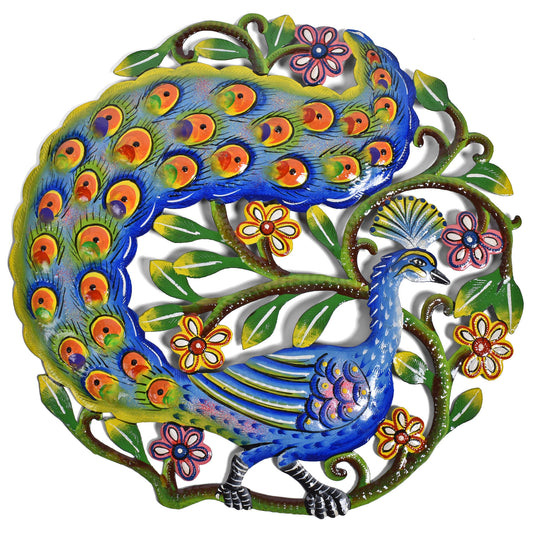 Colorful Peacock 14" Steel Drum Wall Art, Fair Trade, Handmade in Haiti