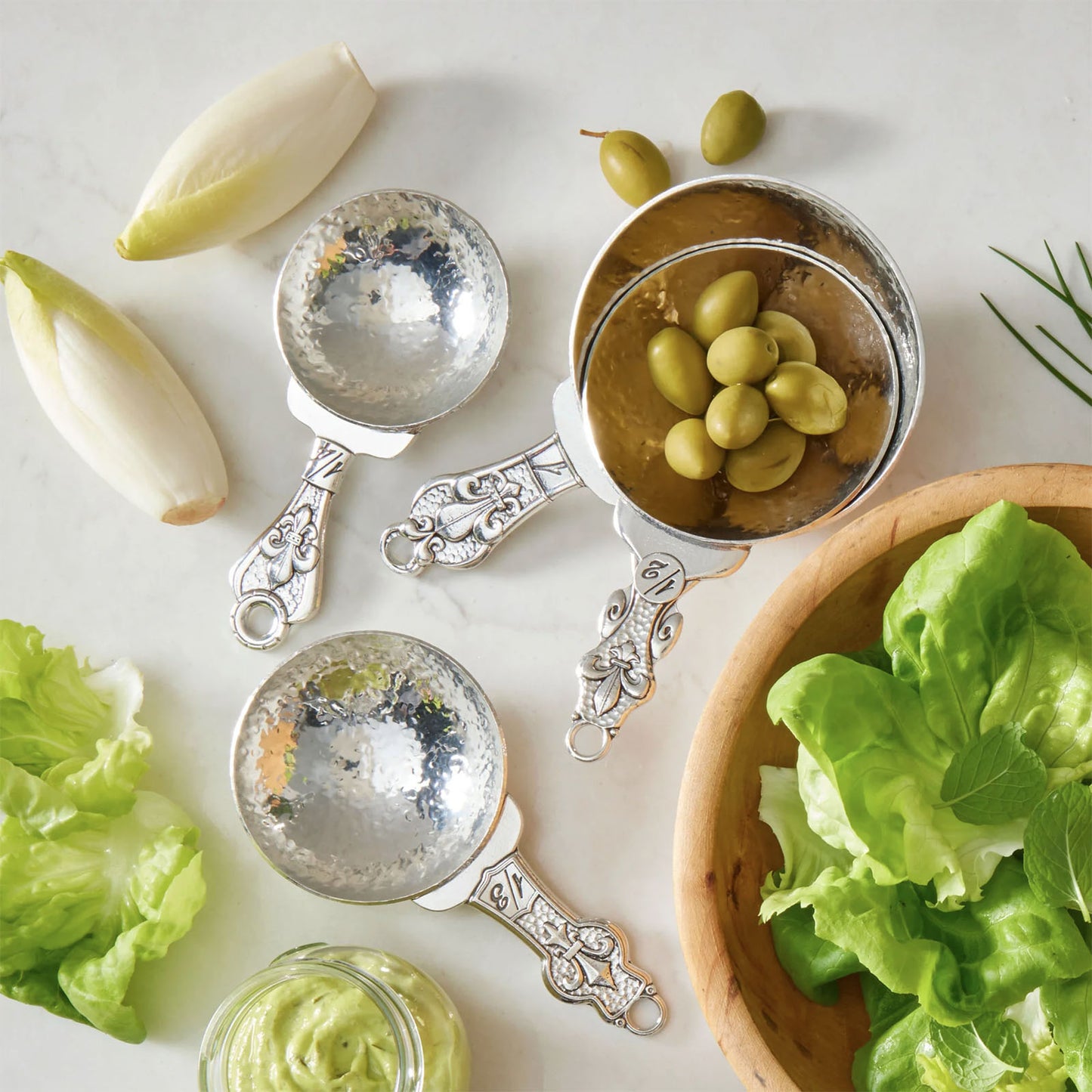 Crosby & Taylor Fleur de Lys Pewter Measuring Cups and Spoons with Compact Display Post, 9-piece Set, Handmade in the USA