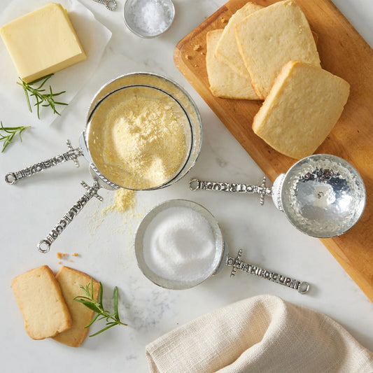 Crosby & Taylor Celtic Pewter Measuring Cups and Spoons with Compact Display Post, 9-piece Set, Handmade in the USA