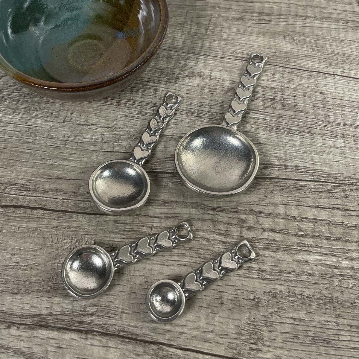 Crosby & Taylor Heart 4-piece Artisan Pewter Measuring Spoon Set, Handmade in the USA
