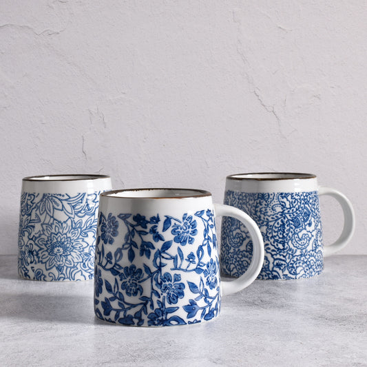 Hand-Stamped Stoneware Mug, Blue/White, Set of 3 Styles