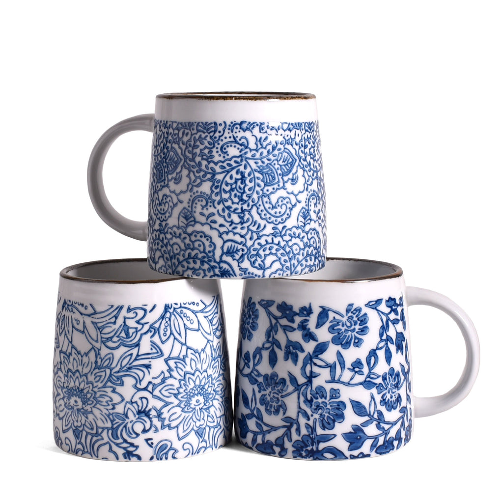 Four Blue/White selling Rustic Mugs