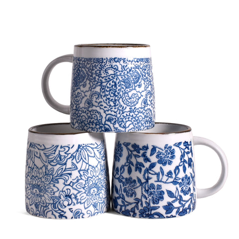 Creative Co-Op Hand-Stamped Stoneware Mug, Blue/White, Set of 3 Styles