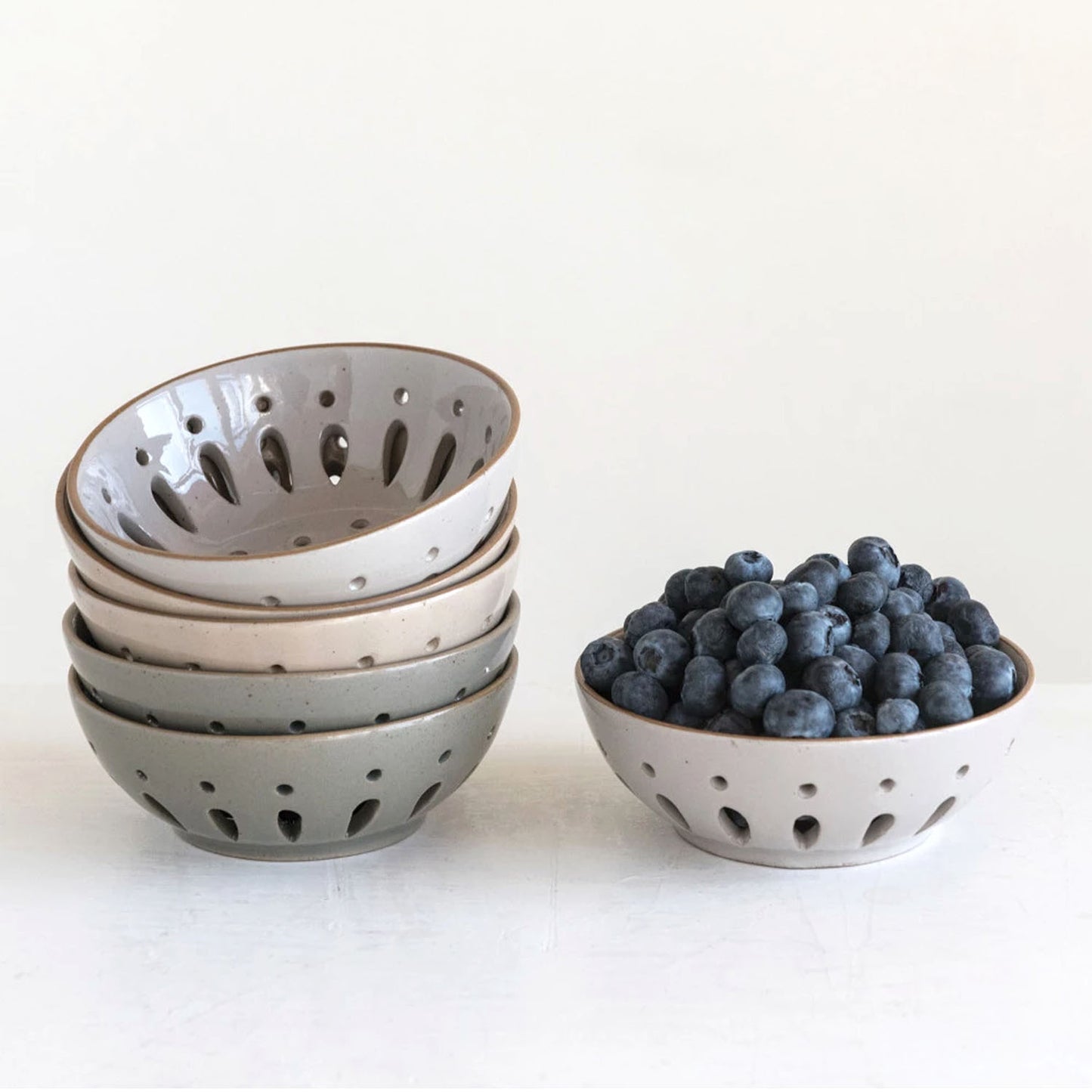 Stoneware 5" Berry Bowl Colander, Set of 3 in Sage, Tan, and Light Gray