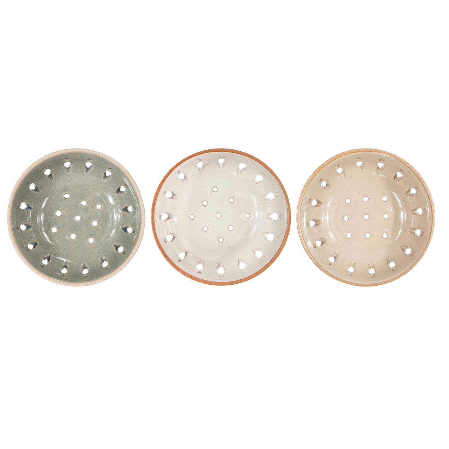 Stoneware 5" Berry Bowl Colander, Set of 3 in Sage, Tan, and Light Gray