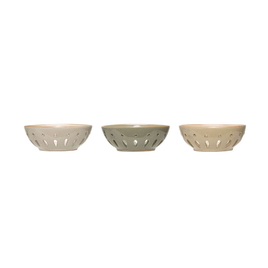 Stoneware 5" Berry Bowl Colander, Set of 3 in Sage, Tan, and Light Gray