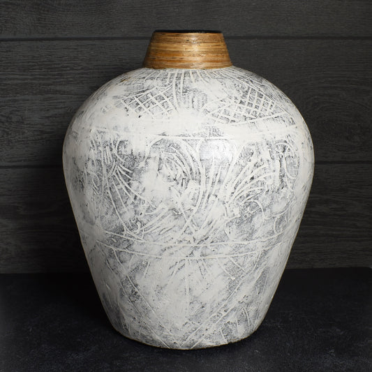 Rustic Whitewashed 12" Terracotta Vase with Banana Leaf Rim, Black/White, Each One Varies