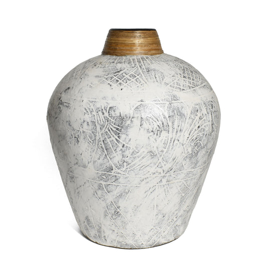 Rustic Whitewashed 12" Terracotta Vase with Banana Leaf Rim, Black/White, Each One Varies