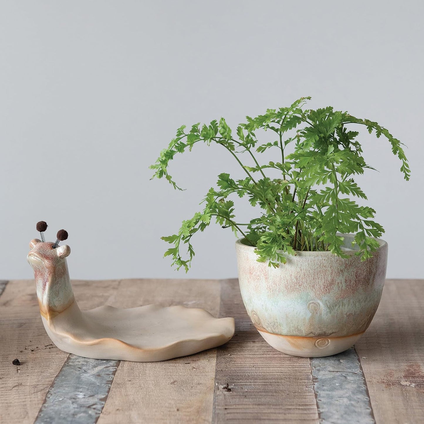 Snail Stoneware Planter and Saucer with Reactive Glaze, Each One Unique