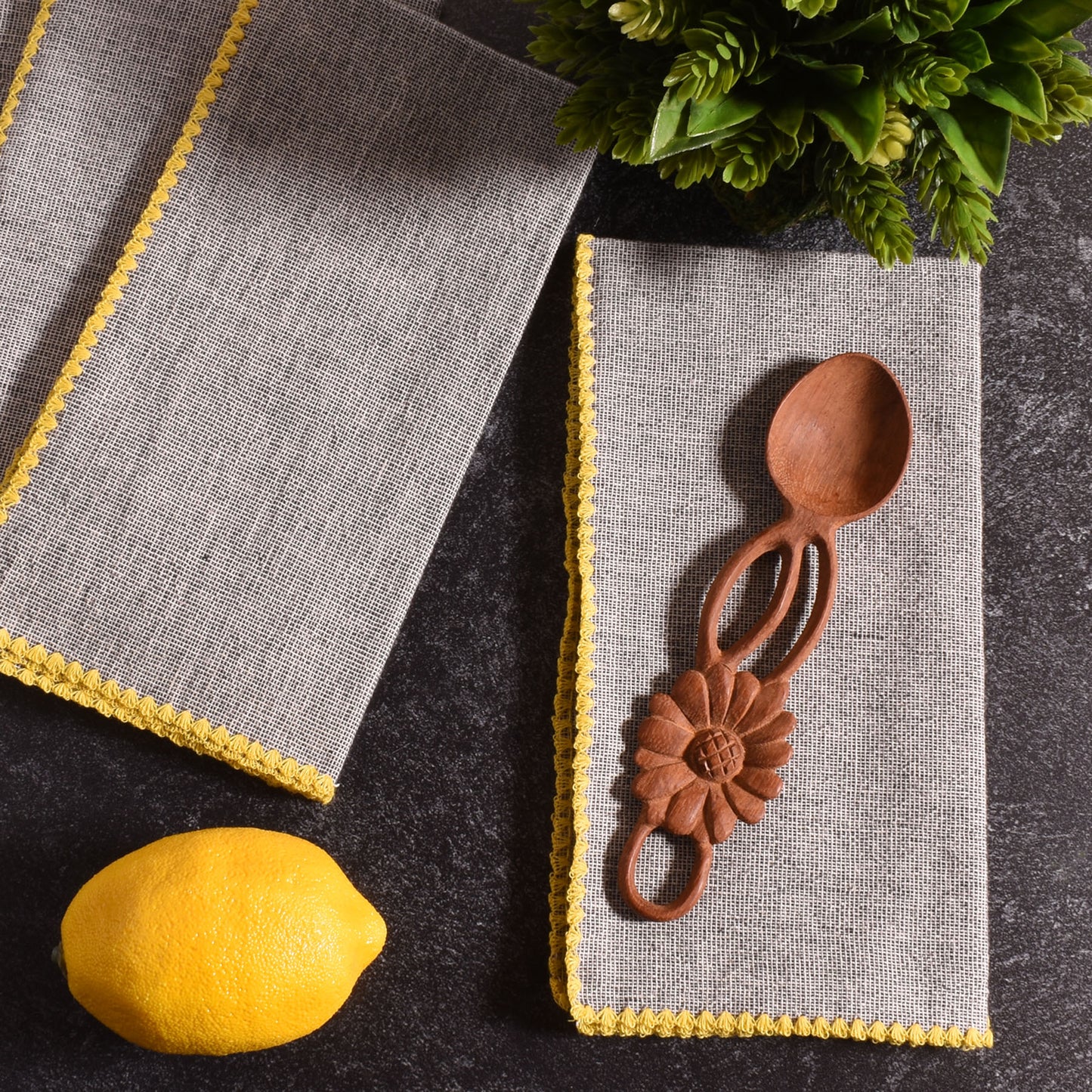 18" Square Woven Cotton Napkins, Gray with Yellow Trim, Set of 4