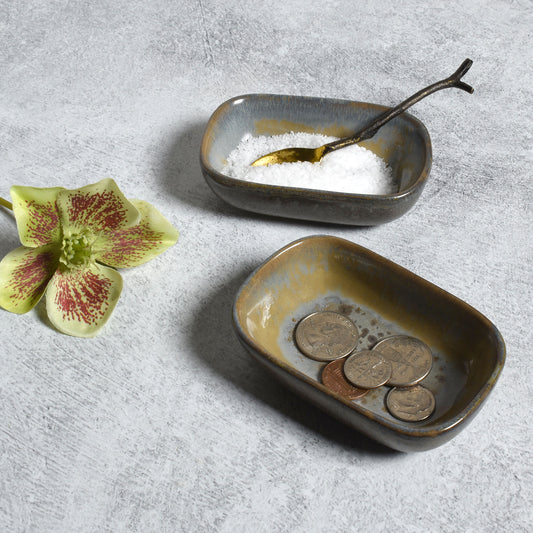 Decorative Stoneware Trinket Seasoning Spice Dish with Food-Safe Reactive Glaze, 3.75 x 2.5 inches, Set of 2