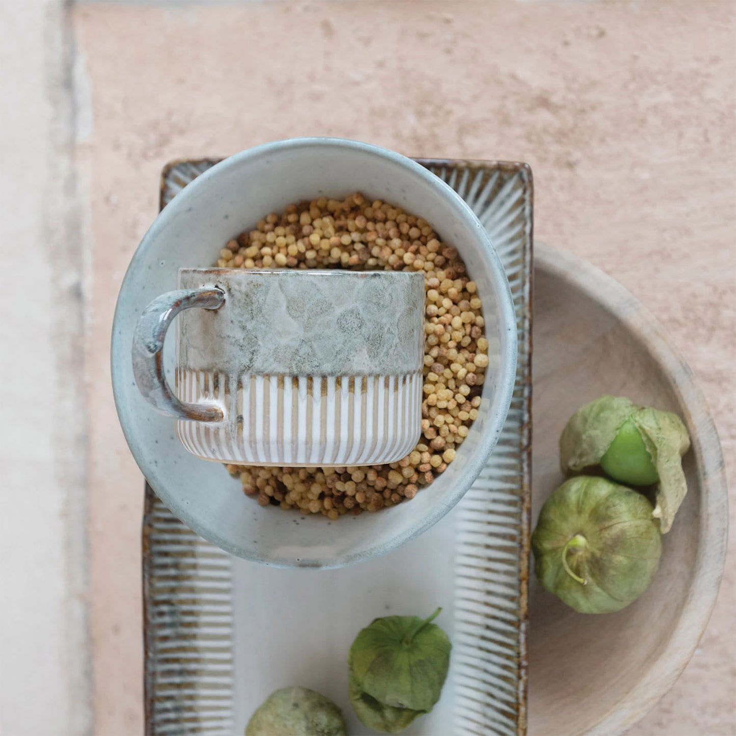 Creative Co-Op Stoneware Mug with Crimped Bottom, Whitewashed Gray Reactive Glaze