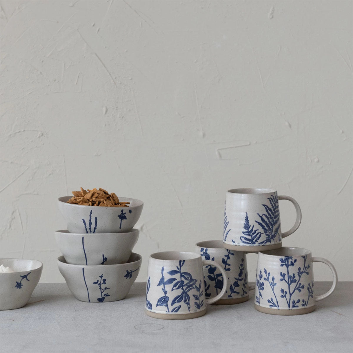 Wax Relief Stoneware Mugs with Hand-Stamped Botanical Patterns, Set of 4, Blue/Antique White
