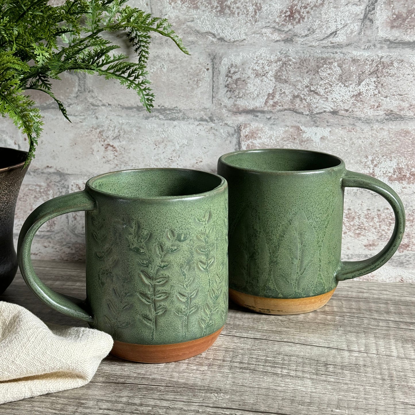 Botanical Stoneware Mugs with Green Reactive Glaze, Set of 2