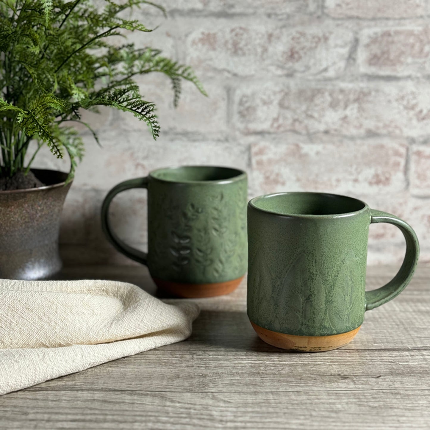 Botanical Stoneware Mugs with Green Reactive Glaze, Set of 2