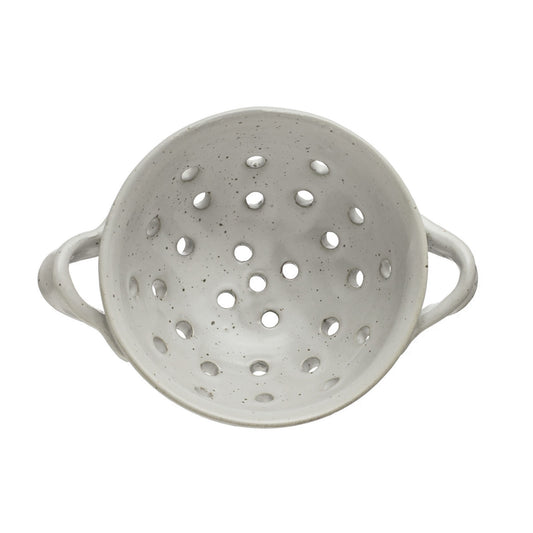 Small Stoneware Berry Bowl Colander with Handles, Speckled White