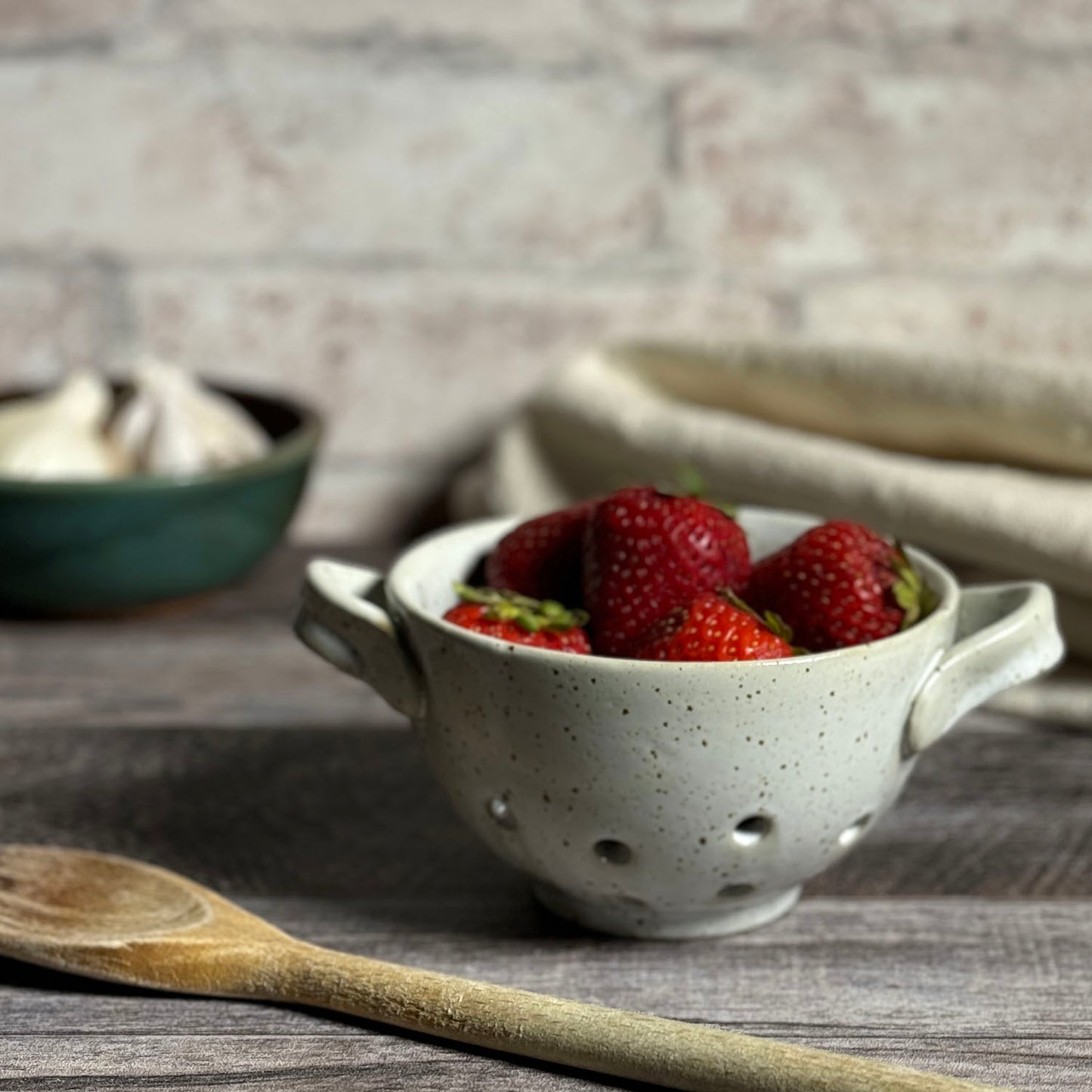 Small Stoneware Berry Bowl with Handles, Speckled White, Each One Varies