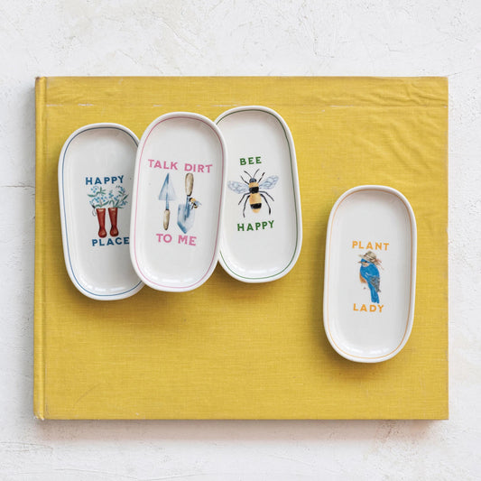 Creative Co-Op Stoneware Plates with Garden Images and Sayings, 6" x 3-1/4", Multicolor, Set of 4