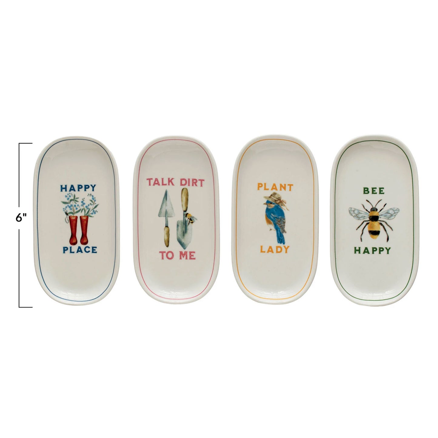 Creative Co-Op Stoneware Plates with Garden Images and Sayings, 6" x 3-1/4", Multicolor, Set of 4