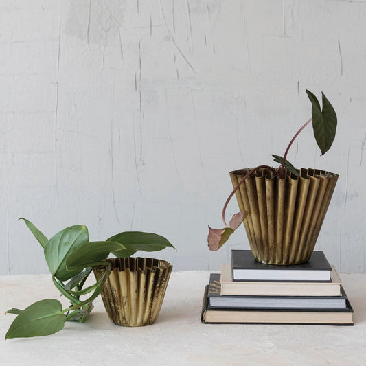 Fluted Metal Planter Cachepot with Weathered Brass Finish