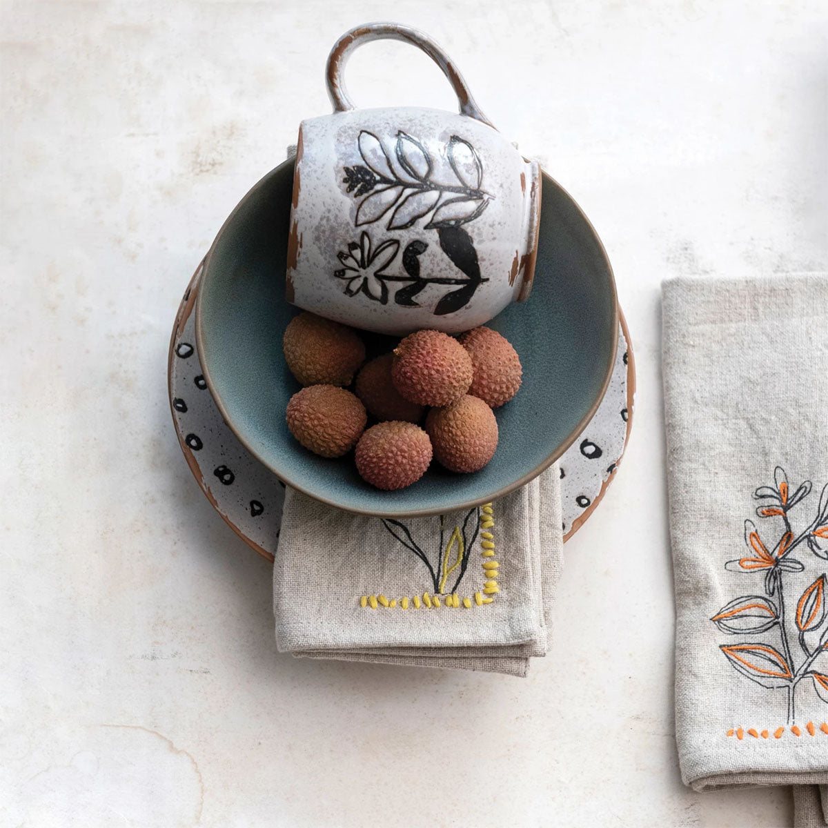 Botanical Wax Relief Stoneware Mug, Distressed White, Set of 4 Styles