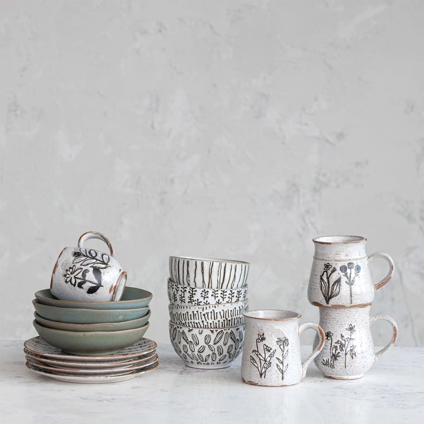 Creative Co-Op Wax Relief 5" Stoneware Bowls, White and Black, Set of 4