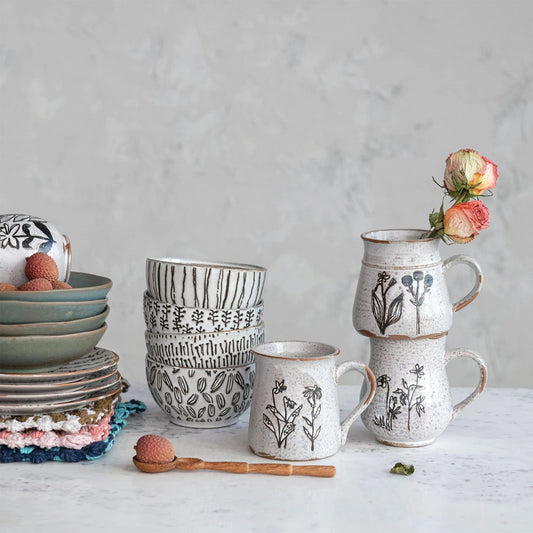 Botanical Wax Relief Stoneware Mug, Distressed White, Set of 4 Styles