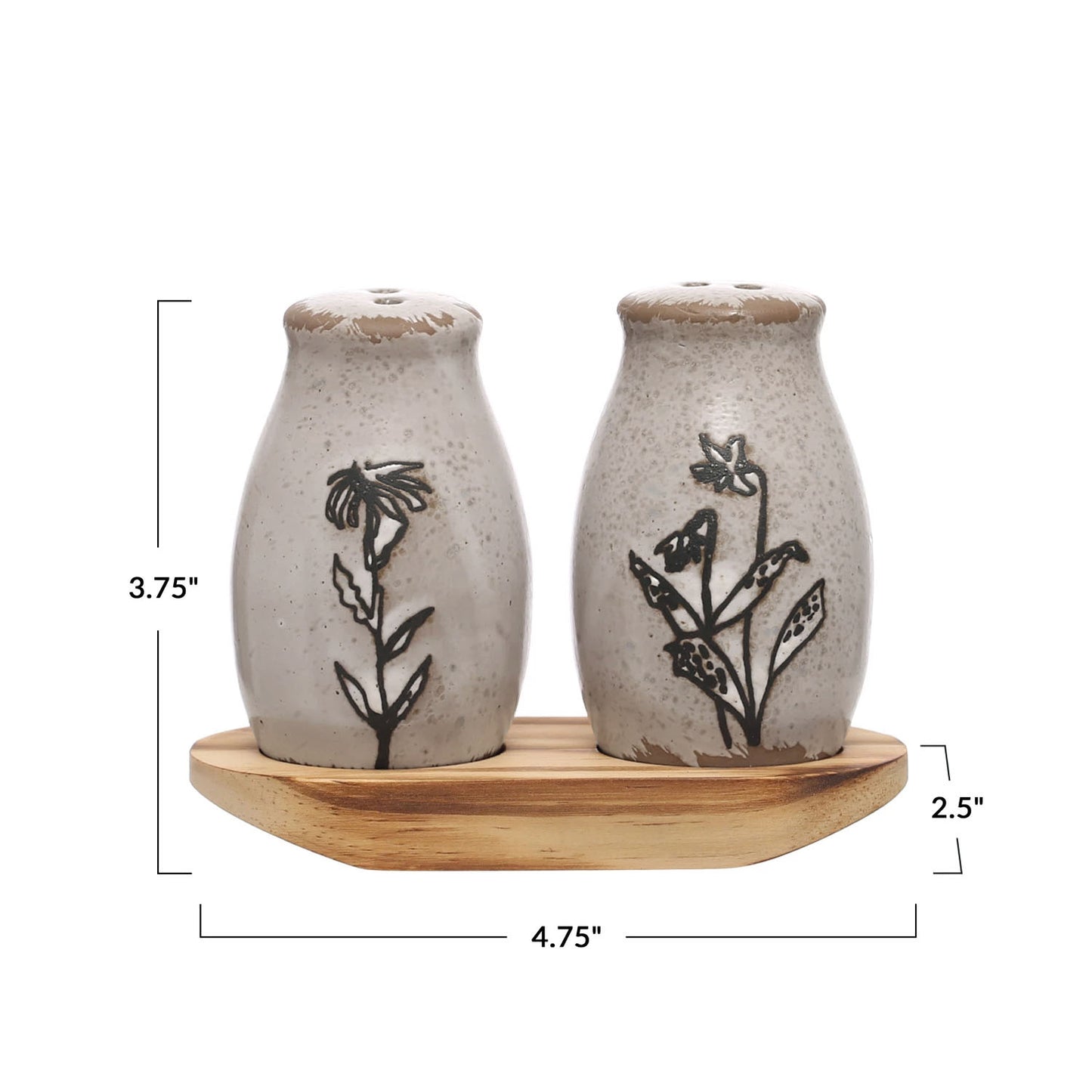 Creative Co-Op Vintage Floral Stoneware Salt & Pepper Shakers with Pine Tray, Black/Natural