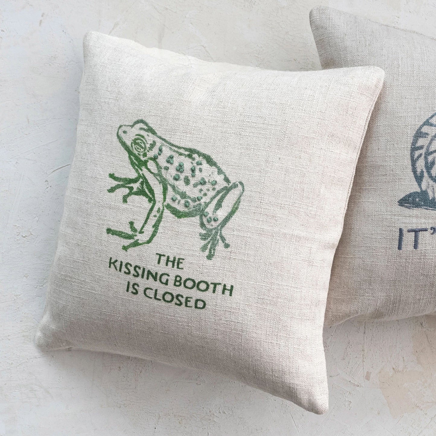 Creative Co-Op Frog, The Kissing Booth is Closed 16" Square Linen Rayon Blend Throw Pillow, Natural and Green