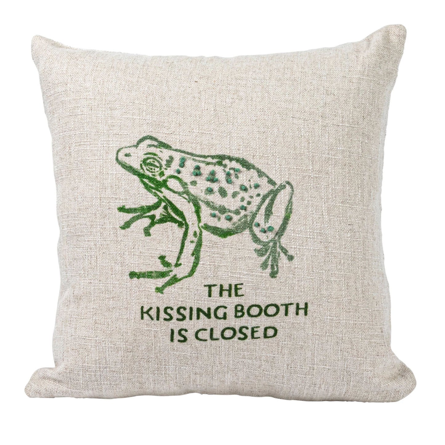 Creative Co-Op Frog, The Kissing Booth is Closed 16" Square Linen Rayon Blend Throw Pillow, Natural and Green