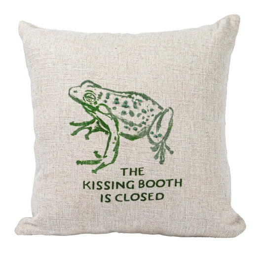 Creative Co-Op Frog, The Kissing Booth is Closed 16" Square Linen Rayon Blend Throw Pillow, Natural and Green