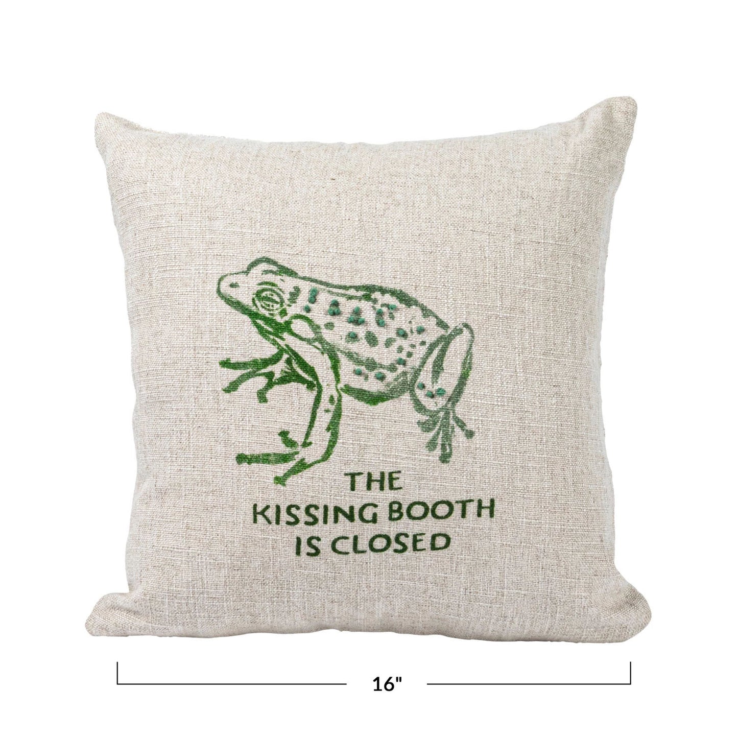 Creative Co-Op Frog, The Kissing Booth is Closed 16" Square Linen Rayon Blend Throw Pillow, Natural and Green