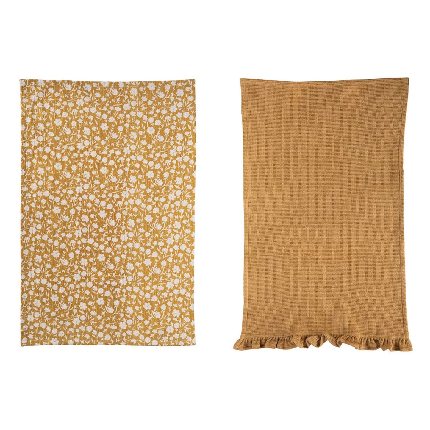 Cotton Slub and Waffle Weave 2-Piece Dish Towel Set, Floral/Solid, Mustard