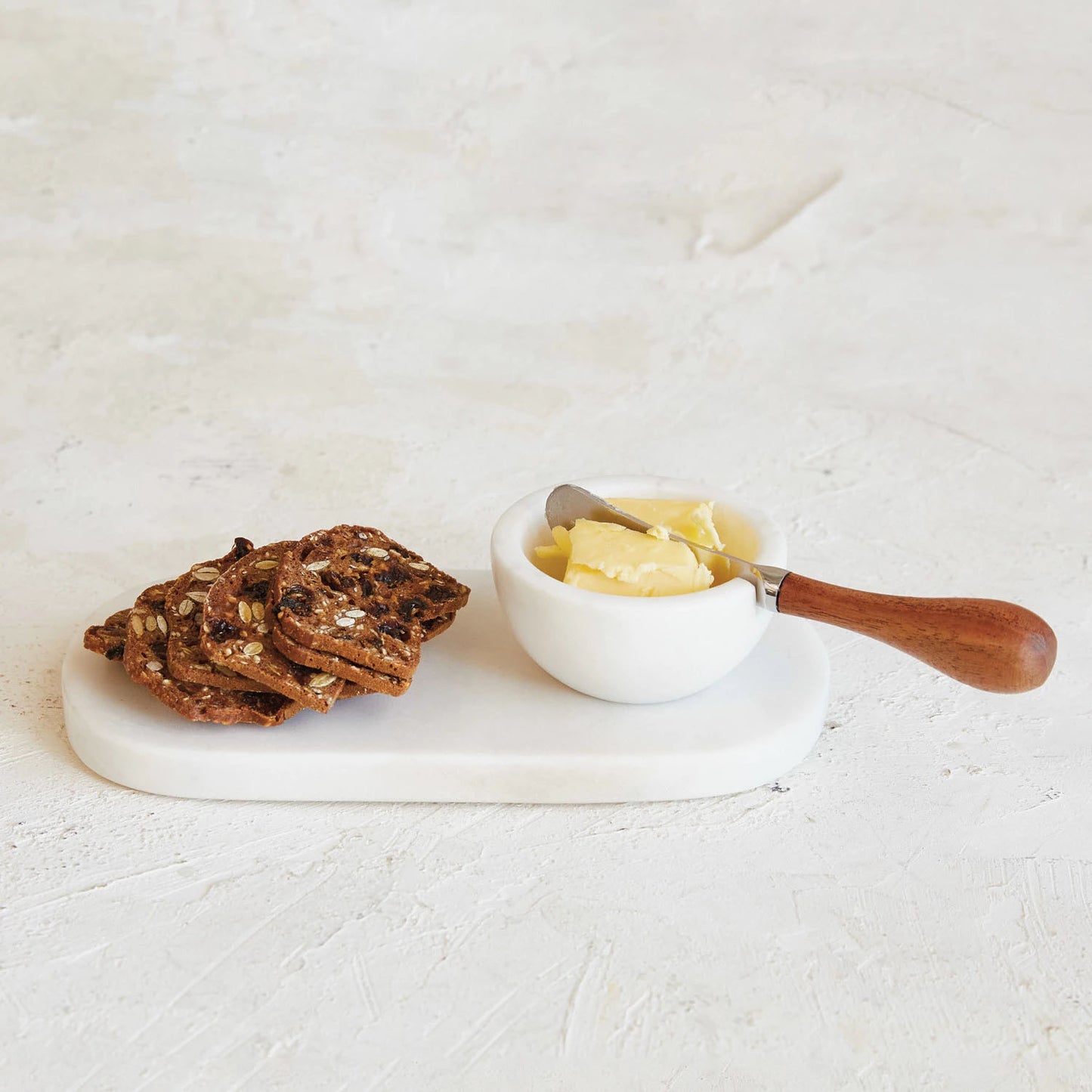 Creative Co-Op White Marble 8" x 4" Cheese Board with Bowl and Canape Knife