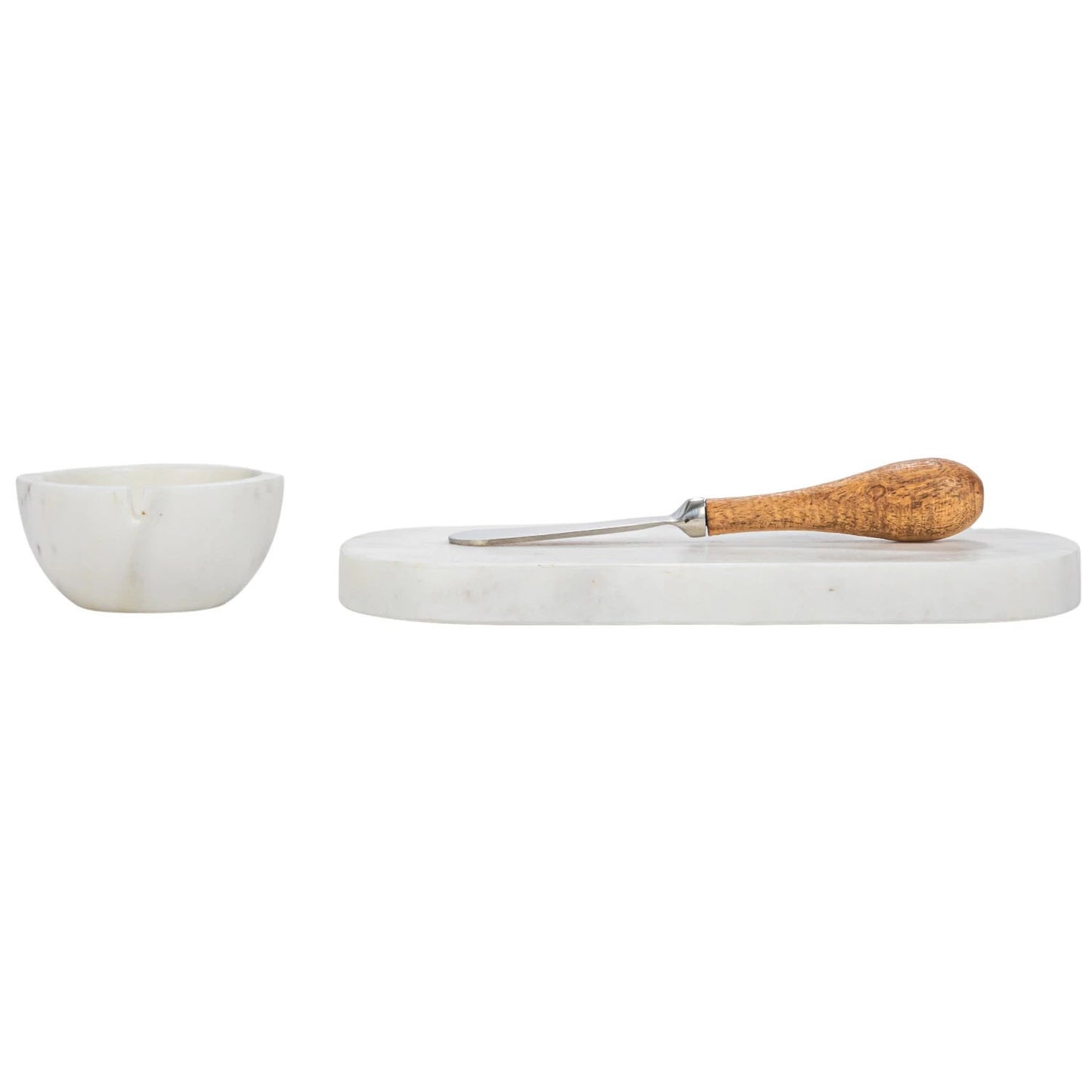 Creative Co-Op White Marble 8" x 4" Cheese Board with Bowl and Canape Knife
