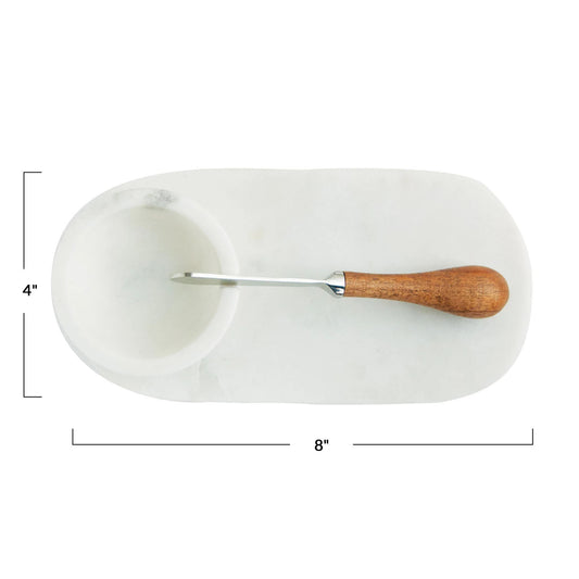 Creative Co-Op White Marble 8" x 4" Cheese Board with Bowl and Canape Knife