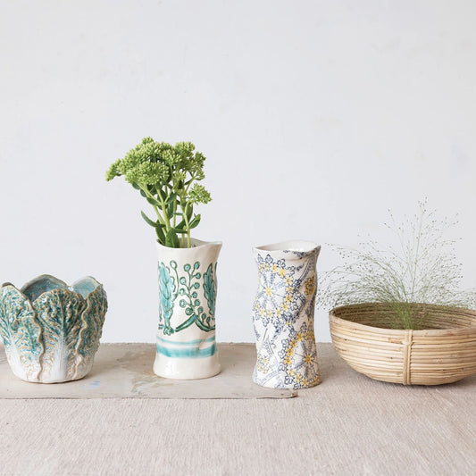 Hand-Painted Stoneware 7" Organic Shaped Vase with Wax Relief Pattern, Set of 2 Styles