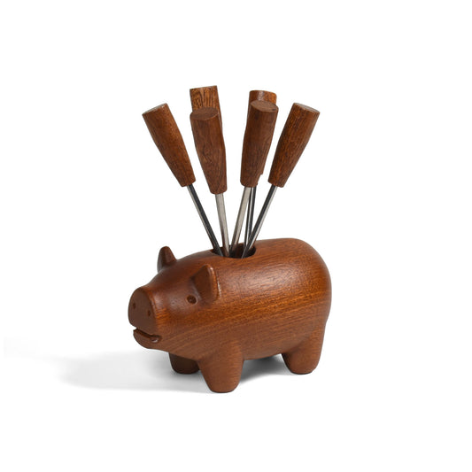 Wooden Pig-Shaped Appetizer Fork Set, 6 Stainless Steel Forks with Decorative Holder