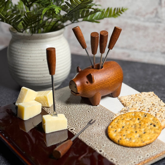 Wooden Pig-Shaped Appetizer Fork Set, 6 Stainless Steel Forks with Decorative Holder