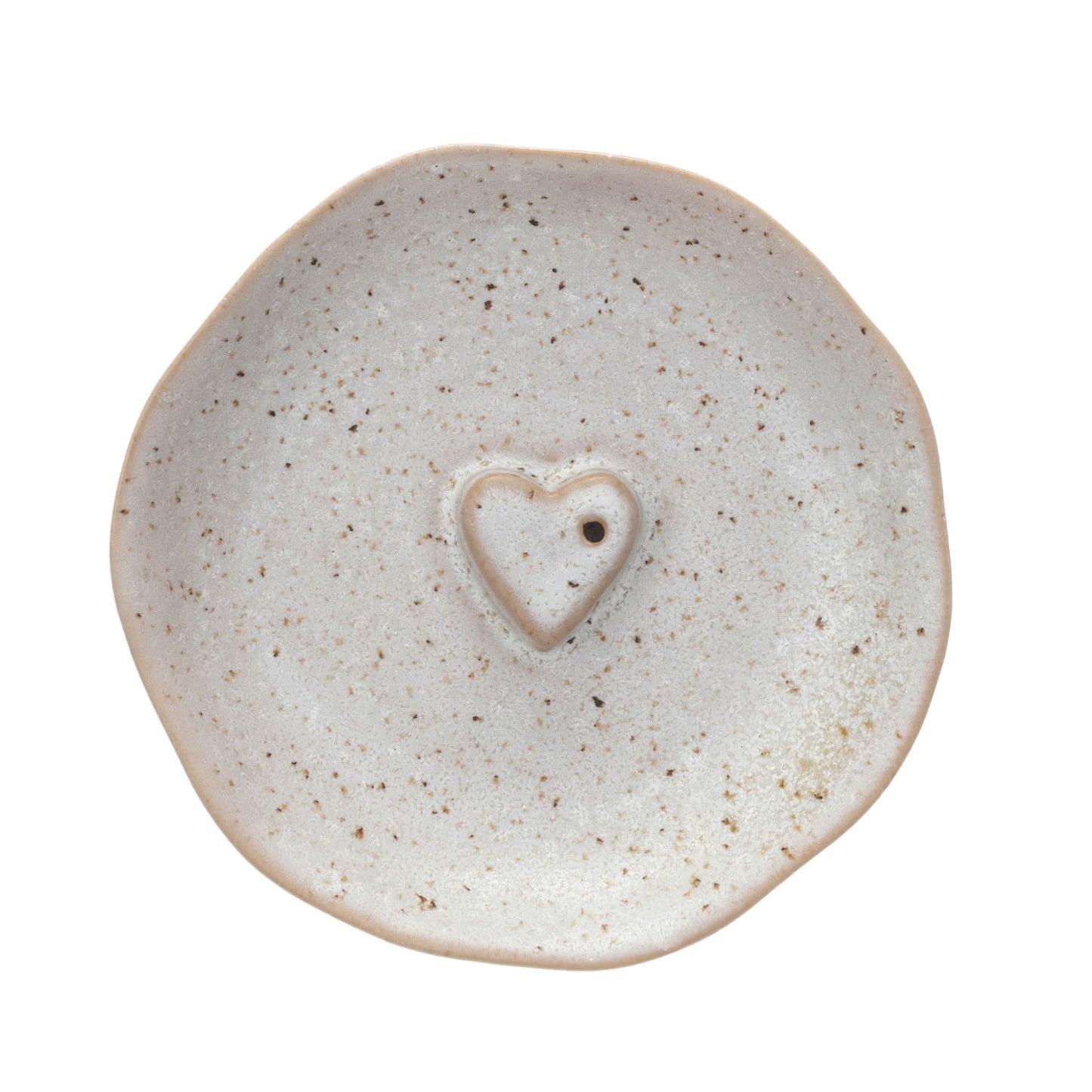 Embossed Heart 5" Stoneware Incense Holder, Speckled Cream, Each One Will Vary