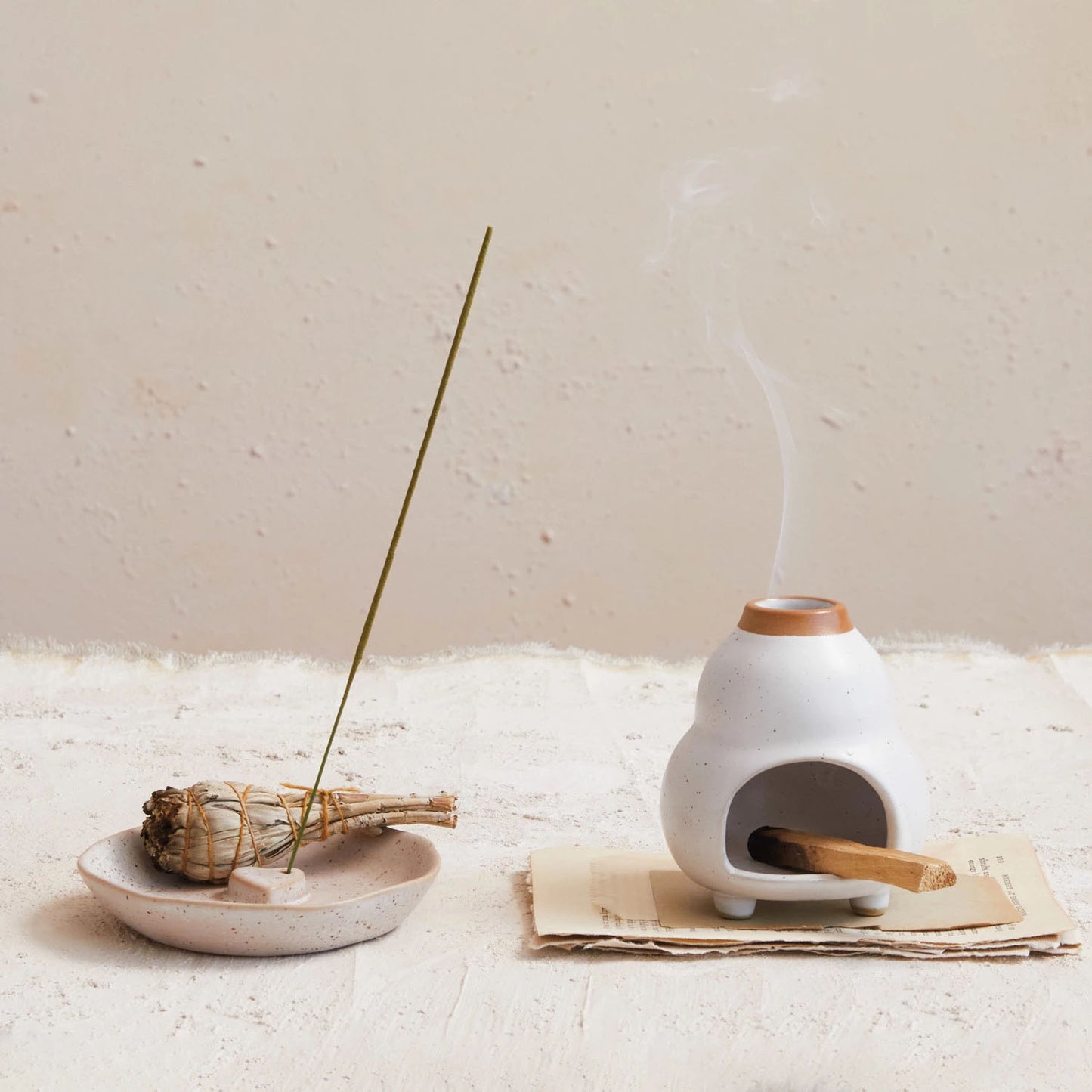 Embossed Heart 5" Stoneware Incense Holder, Speckled Cream, Each One Will Vary