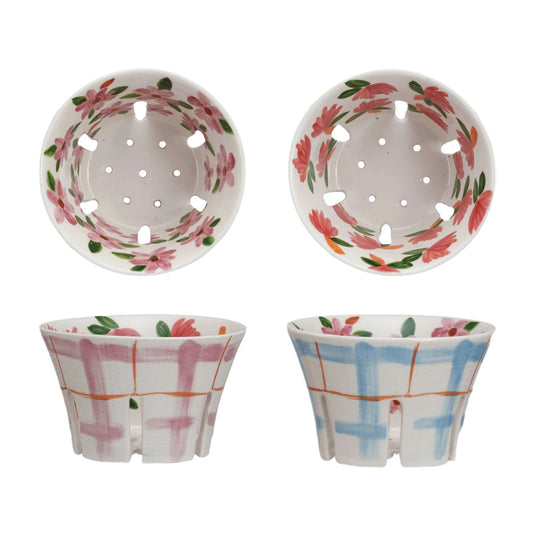 Hand-Painted Stoneware Berry Bowl, Floral and Plaid Patterns, Set of 2 Styles