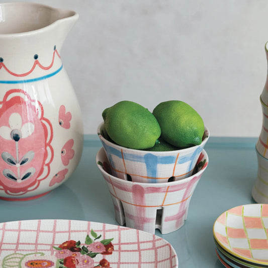 Hand-Painted Stoneware Berry Bowl, Floral and Plaid Patterns, Set of 2 Styles