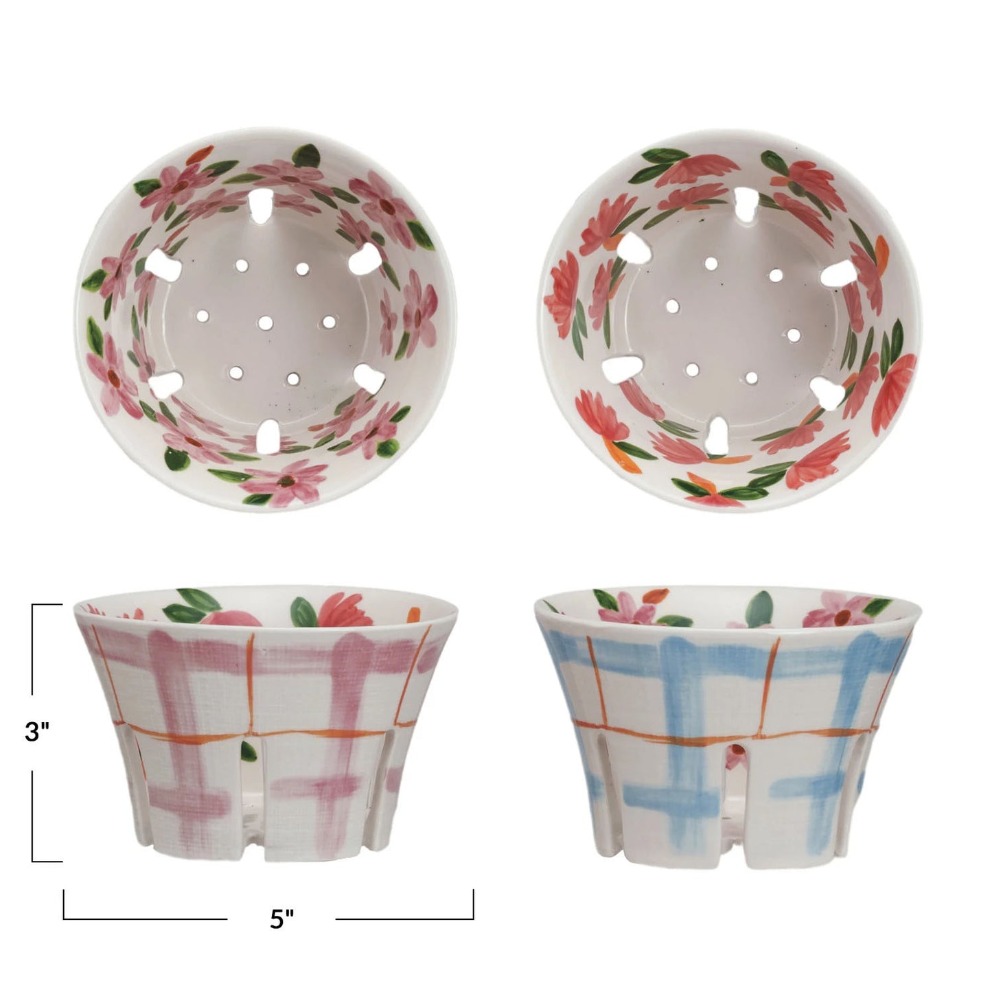 Hand-Painted Stoneware Berry Bowl, Floral and Plaid Patterns, Set of 2 Styles