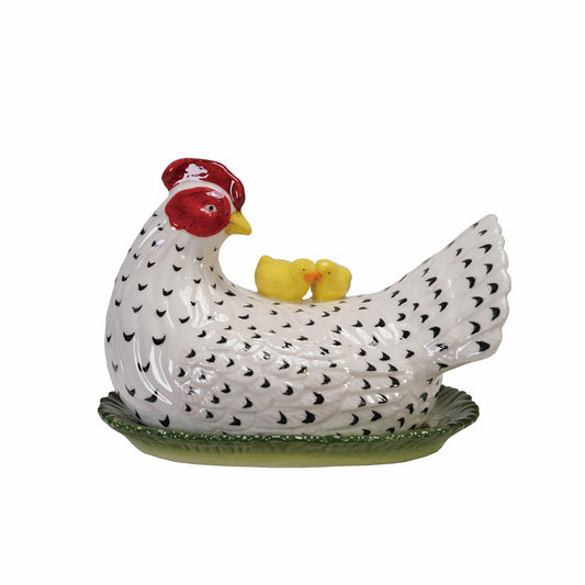 Hand-Painted Vintage Reproduction Hen Shaped Stoneware Butter Dish with Chicks