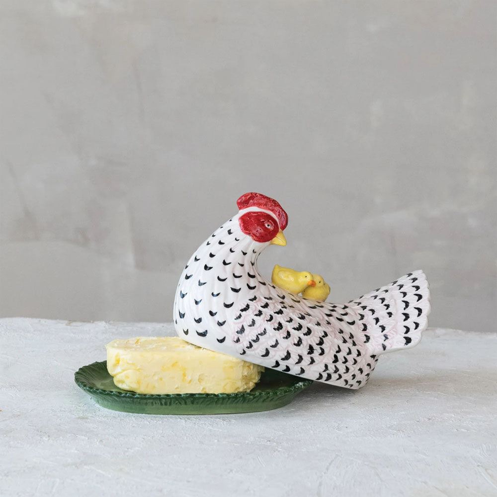 Hand-Painted Vintage Reproduction Hen Shaped Stoneware Butter Dish with Chicks