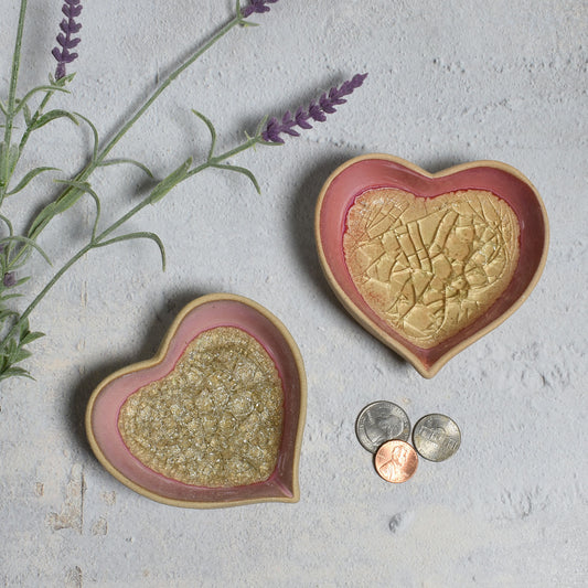 Stoneware Heart-Shaped Trinket Dish with Crackled Glass, Set of 2 Colors