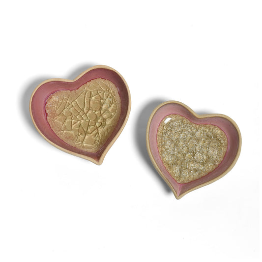 Stoneware Heart-Shaped Trinket Dish with Crackled Glass, Set of 2 Colors