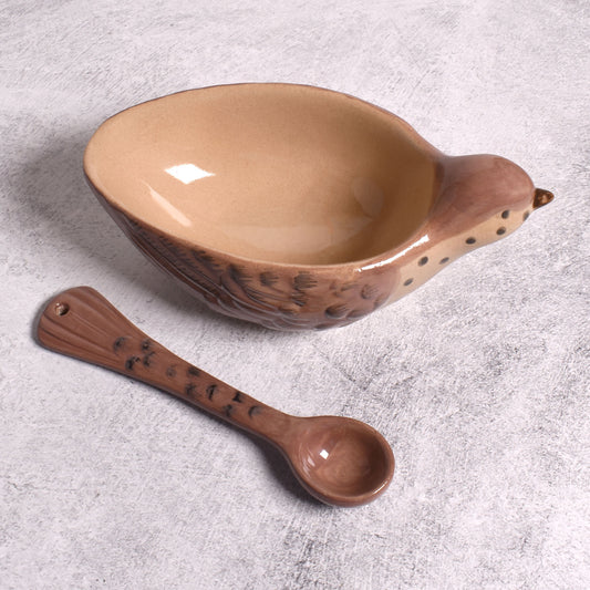Hand-Painted Stoneware Bird-Shaped Bowl with Tail-Shaped Spoon