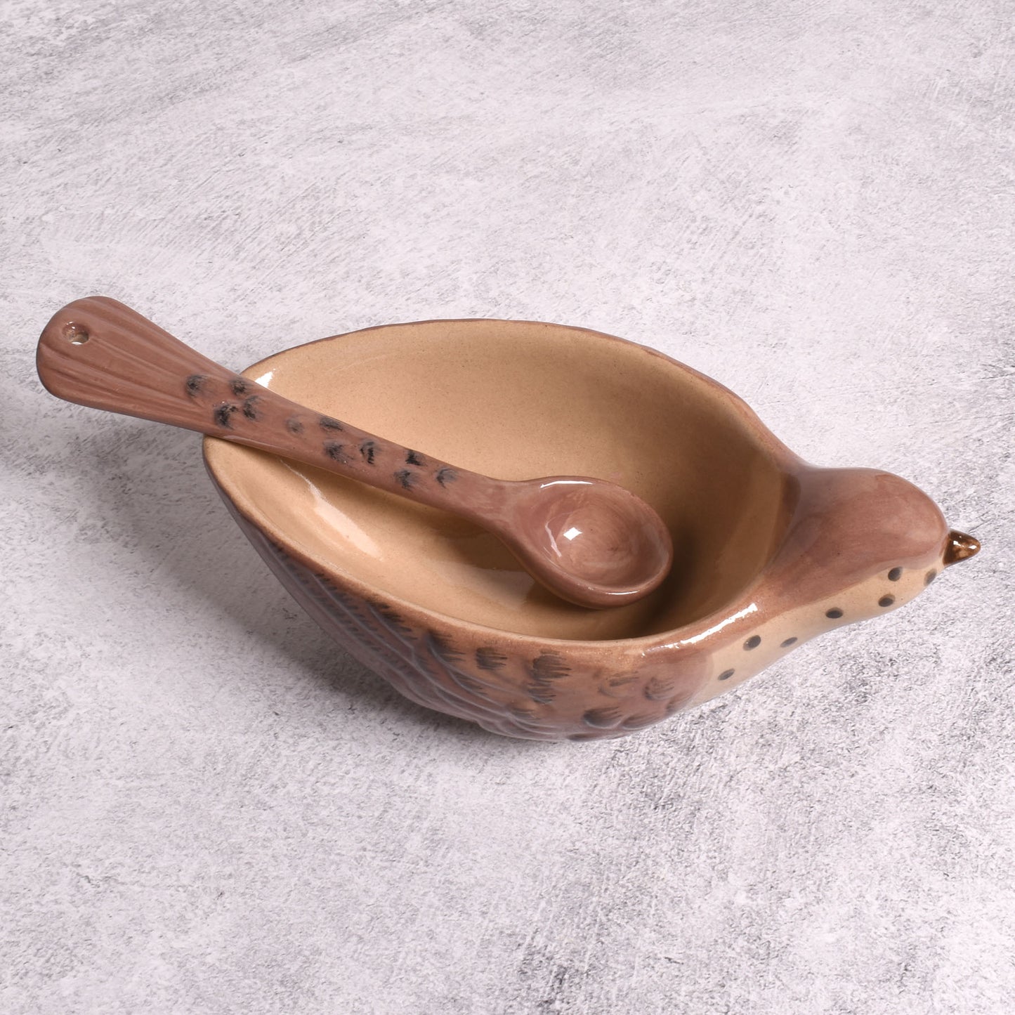 Hand-Painted Stoneware Bird-Shaped Bowl with Tail-Shaped Spoon